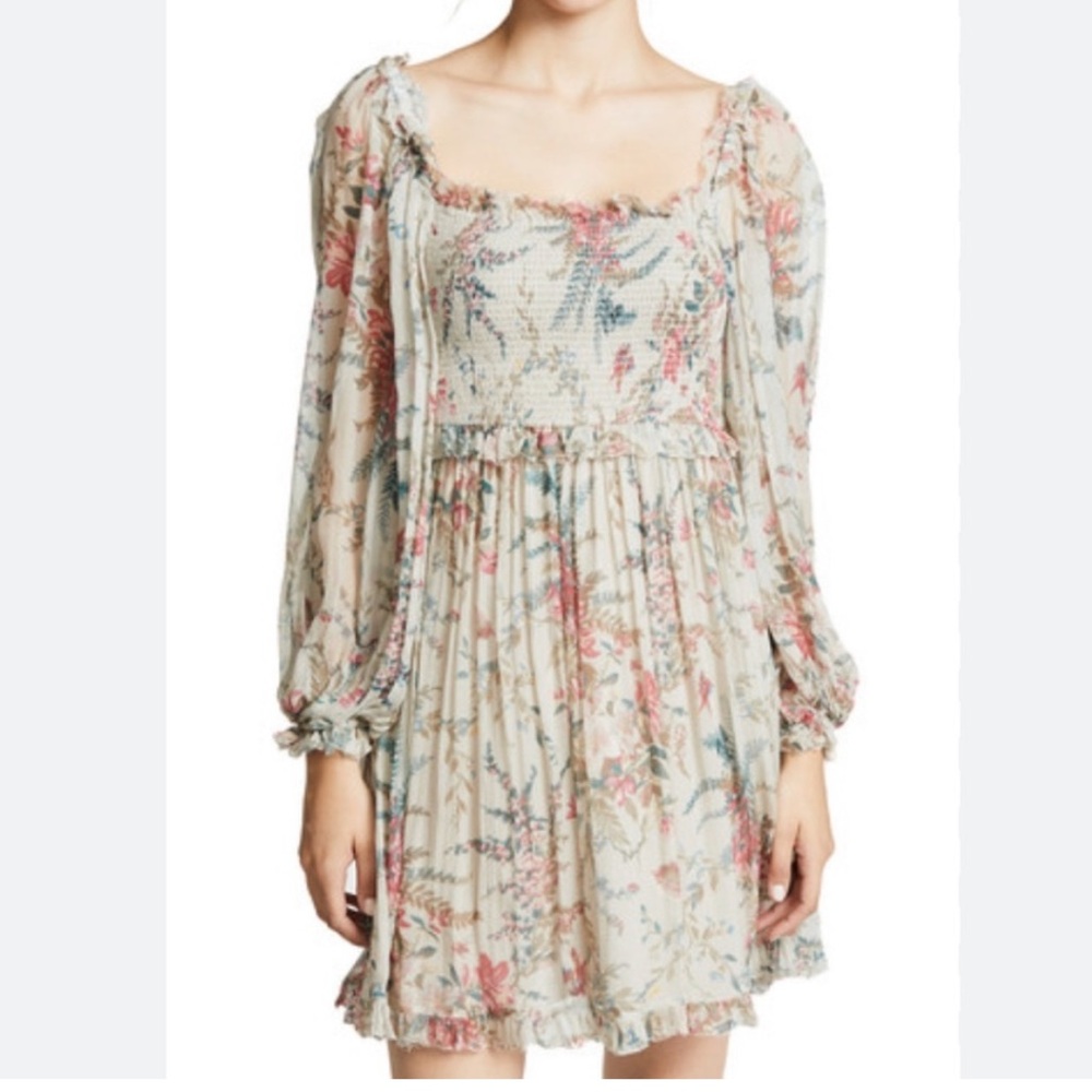 Zimmermann Bayou 100% Silk Shirred Smocked Floral Puff Sleeve Mini Dress Medium